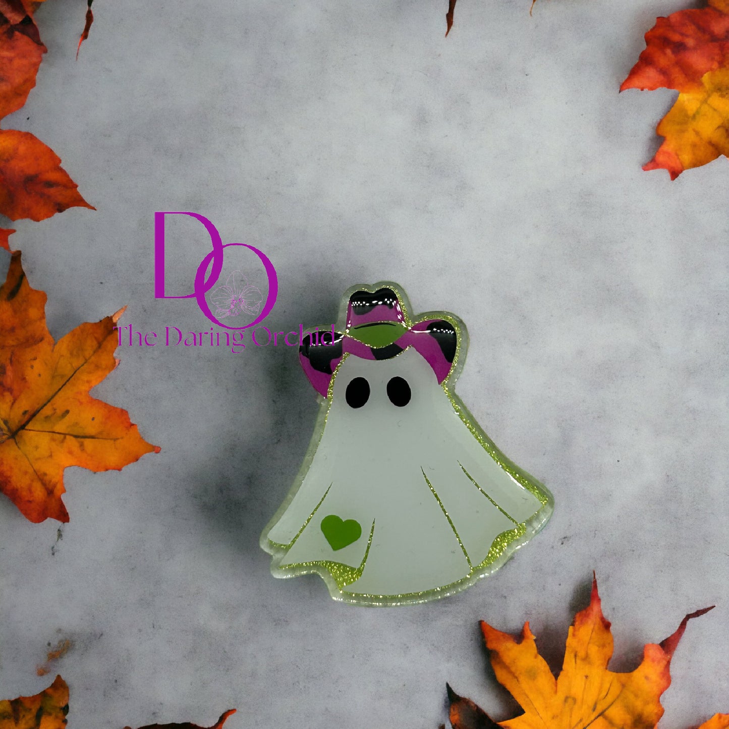 Pink and lime green ghost with cowboy hat badge reel, vent clip, magnet or pin