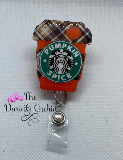Pumpkin Spice Badge holder reel, Starbucks inspired, Autumn, Fall