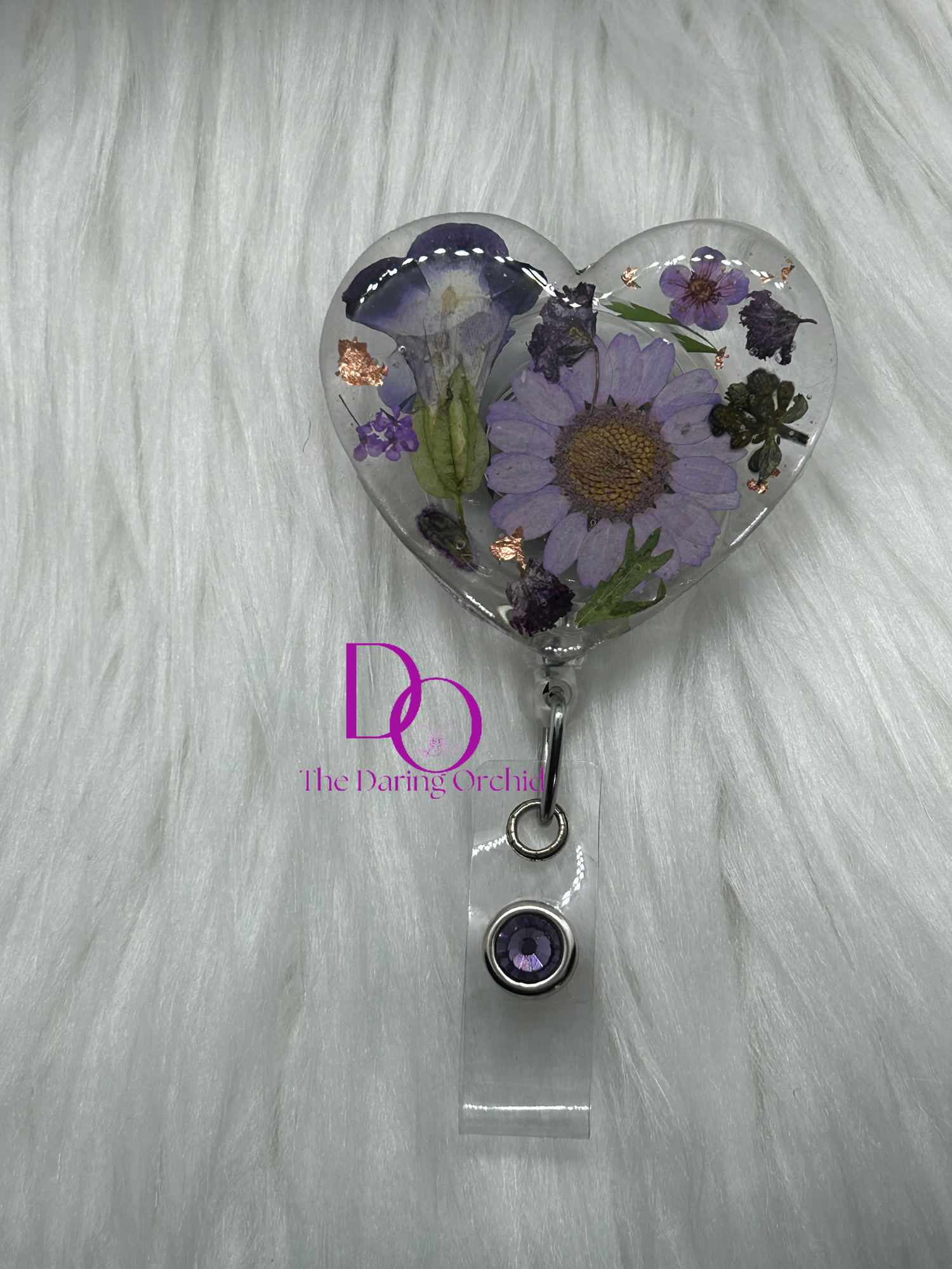 Purple flower heart badge reel