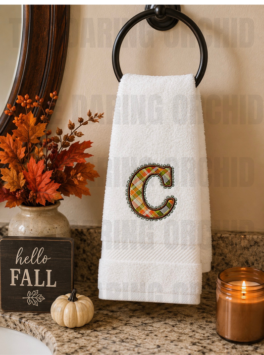 Fall Applique Initial Embroidered Hand Towel Personalized Monogram Bathroom Towel Autumn Bathroom Decor Housewarming Gift