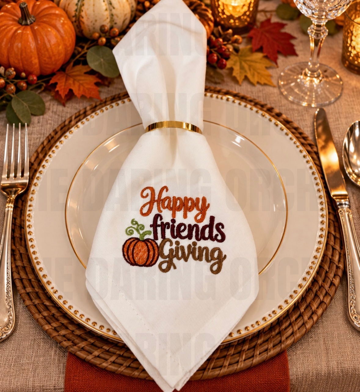 Embroidered Dinner Napkin: Friendsgiving Cotton Blend 18x18 Fall Table Decor