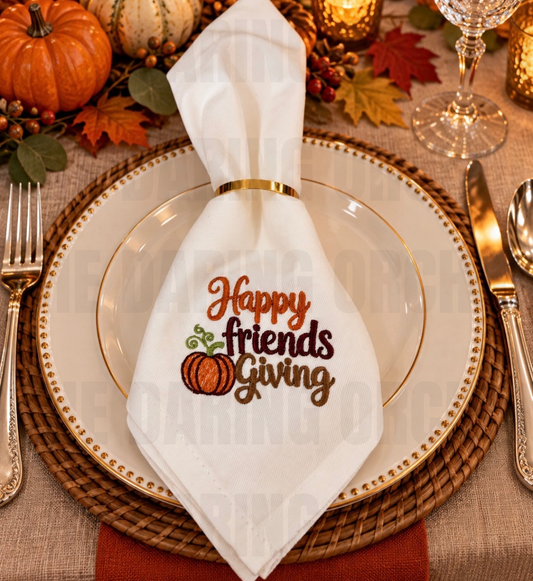 Embroidered Dinner Napkin: Friendsgiving Cotton Blend 18x18 Fall Table Decor