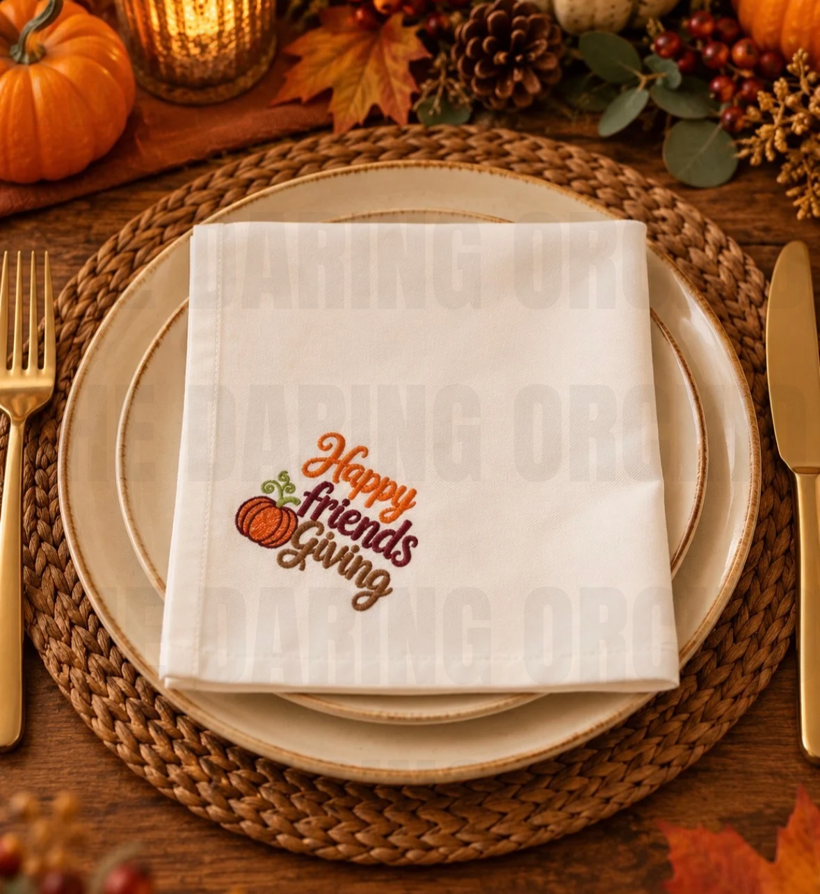 Embroidered Dinner Napkin: Friendsgiving Cotton Blend 18x18 Fall Table Decor