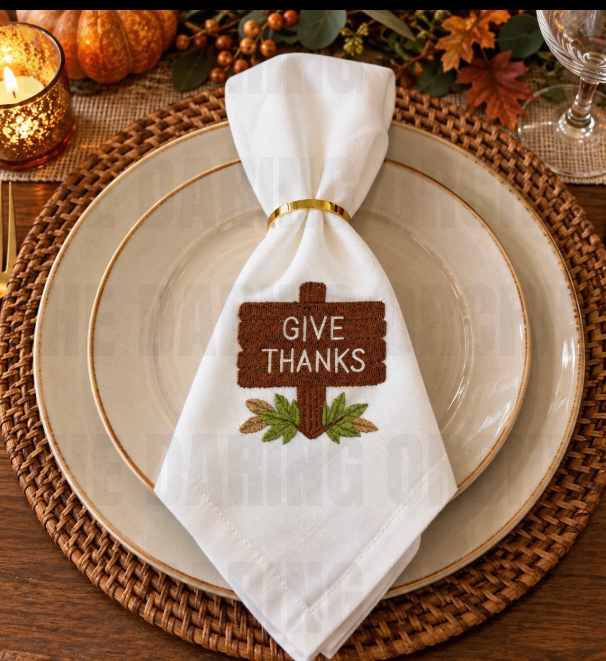 Give Thanks Napkin, Embroidered Autumn Leaves, White Cotton Blend 18-Inch