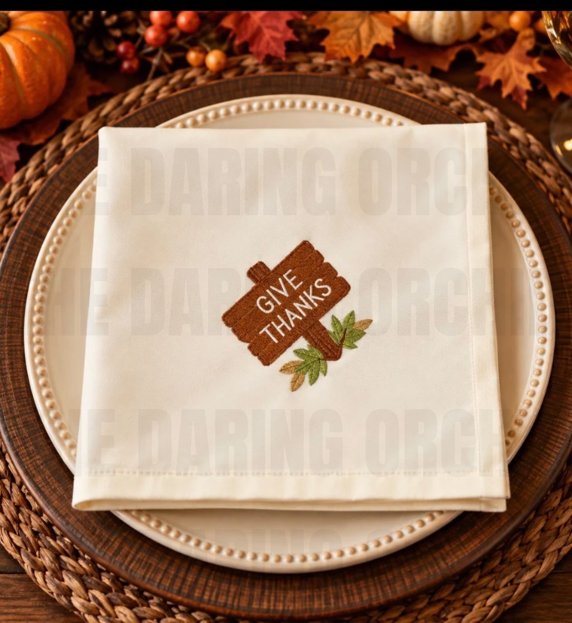 Give Thanks Napkin, Embroidered Autumn Leaves, White Cotton Blend 18-Inch
