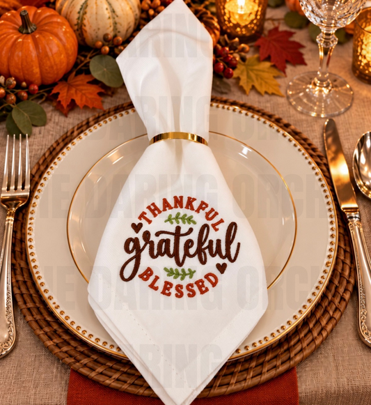 Embroidered Dinner Napkin: Thankful Grateful Blessed Cotton Blend 18x18 Fall Table Decor