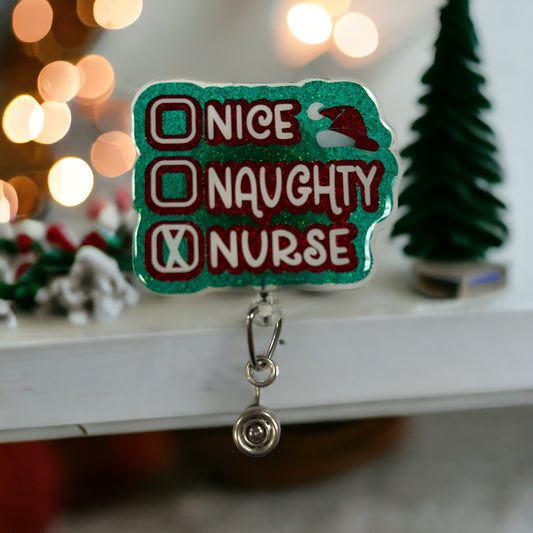 Nice, Naughty, Nurse Christmas badge reel, ID holder