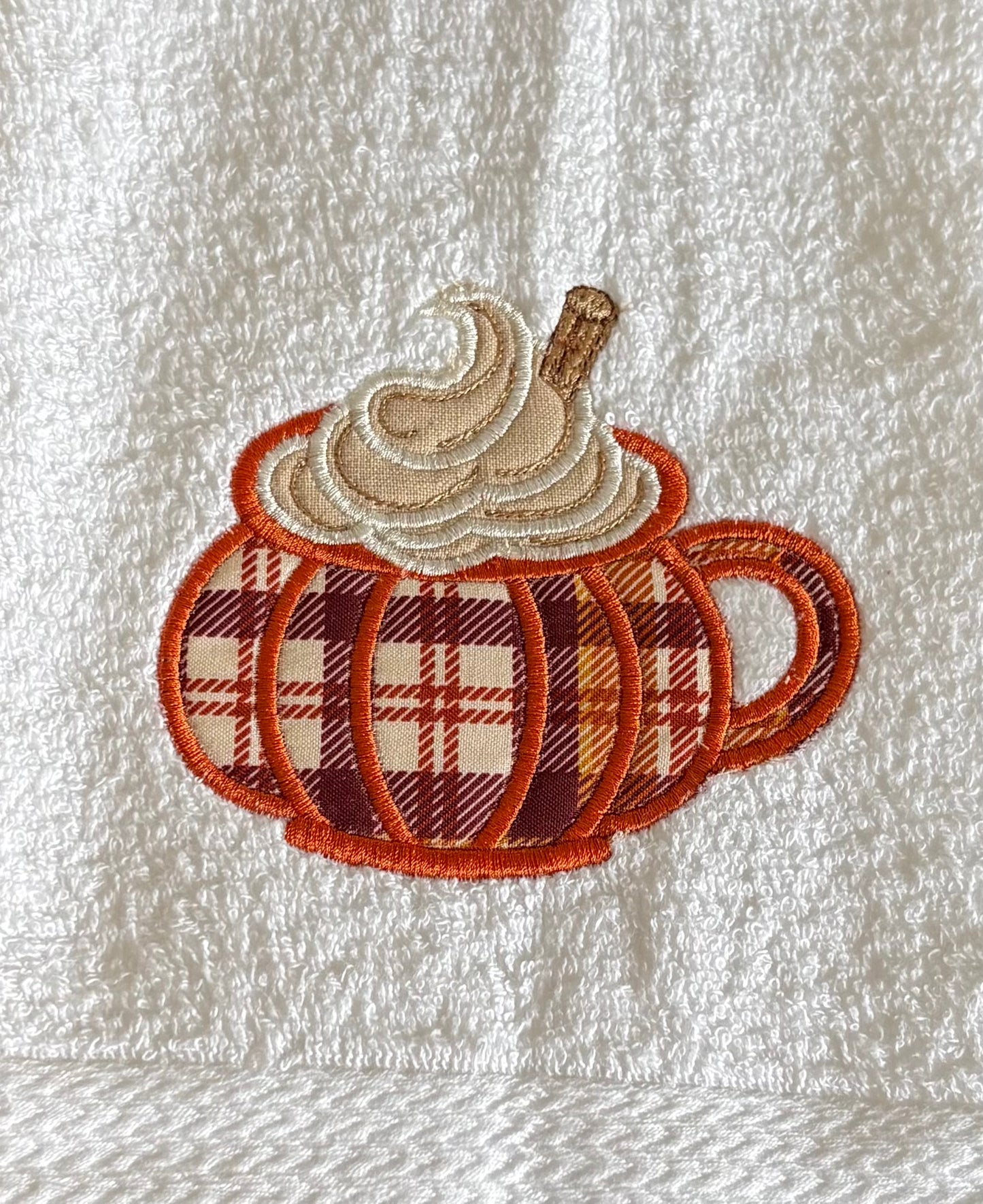 Pumpkin Spice Embroidered Hand Towel | Fall Coffee Bar Decor | Plaid Pumpkin Mug Towel | Autumn Kitchen Towel | Fall Hostess Gift