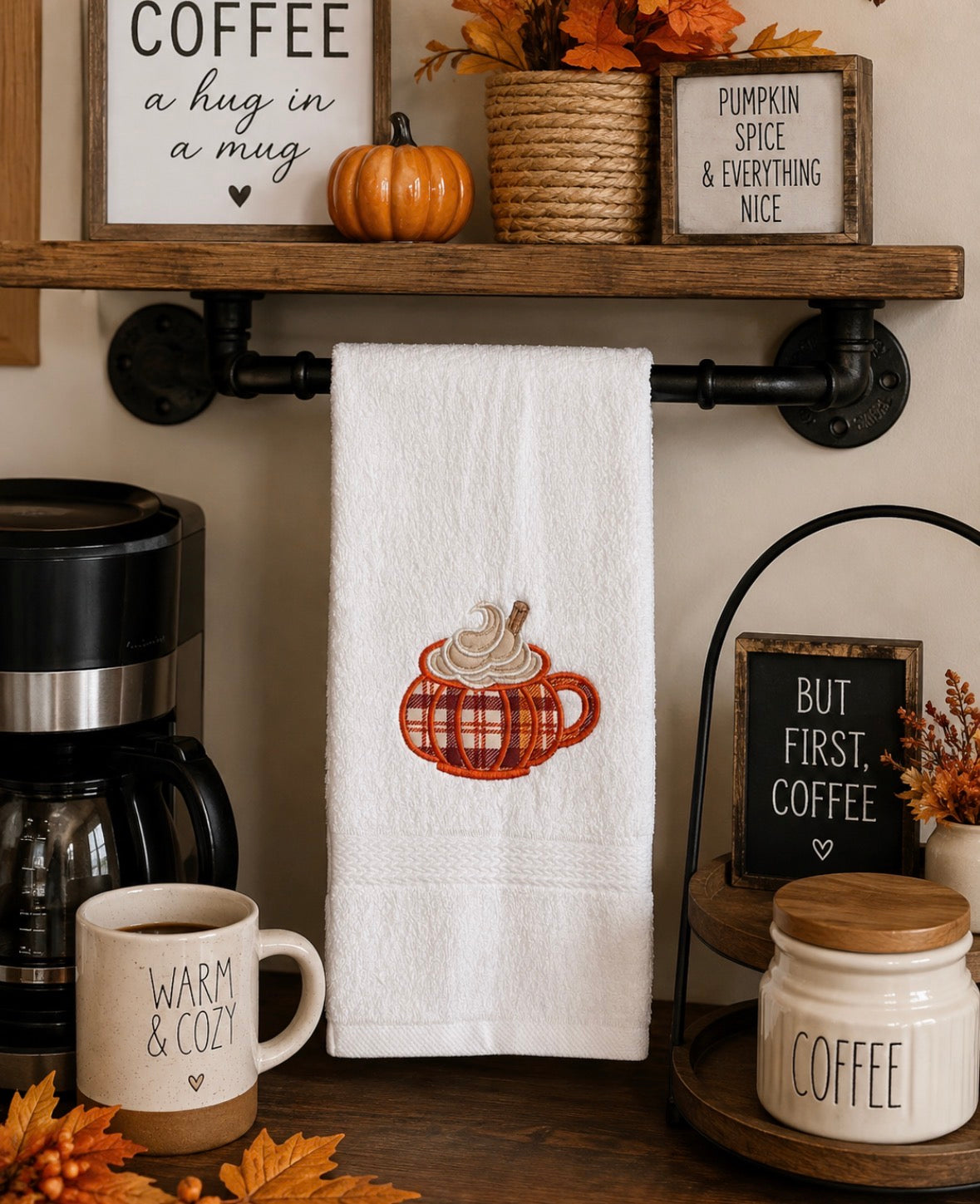 Pumpkin Spice Embroidered Hand Towel | Fall Coffee Bar Decor | Plaid Pumpkin Mug Towel | Autumn Kitchen Towel | Fall Hostess Gift