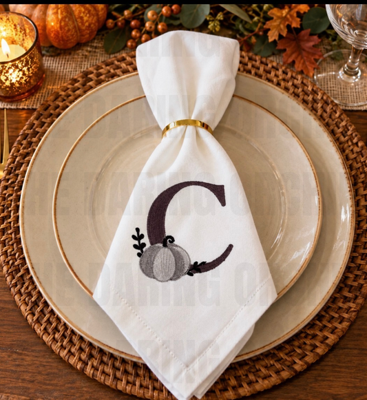 Embroidered Dinner Napkin, Custom Monogram with Pumpkin, Cotton Blend 18x18
