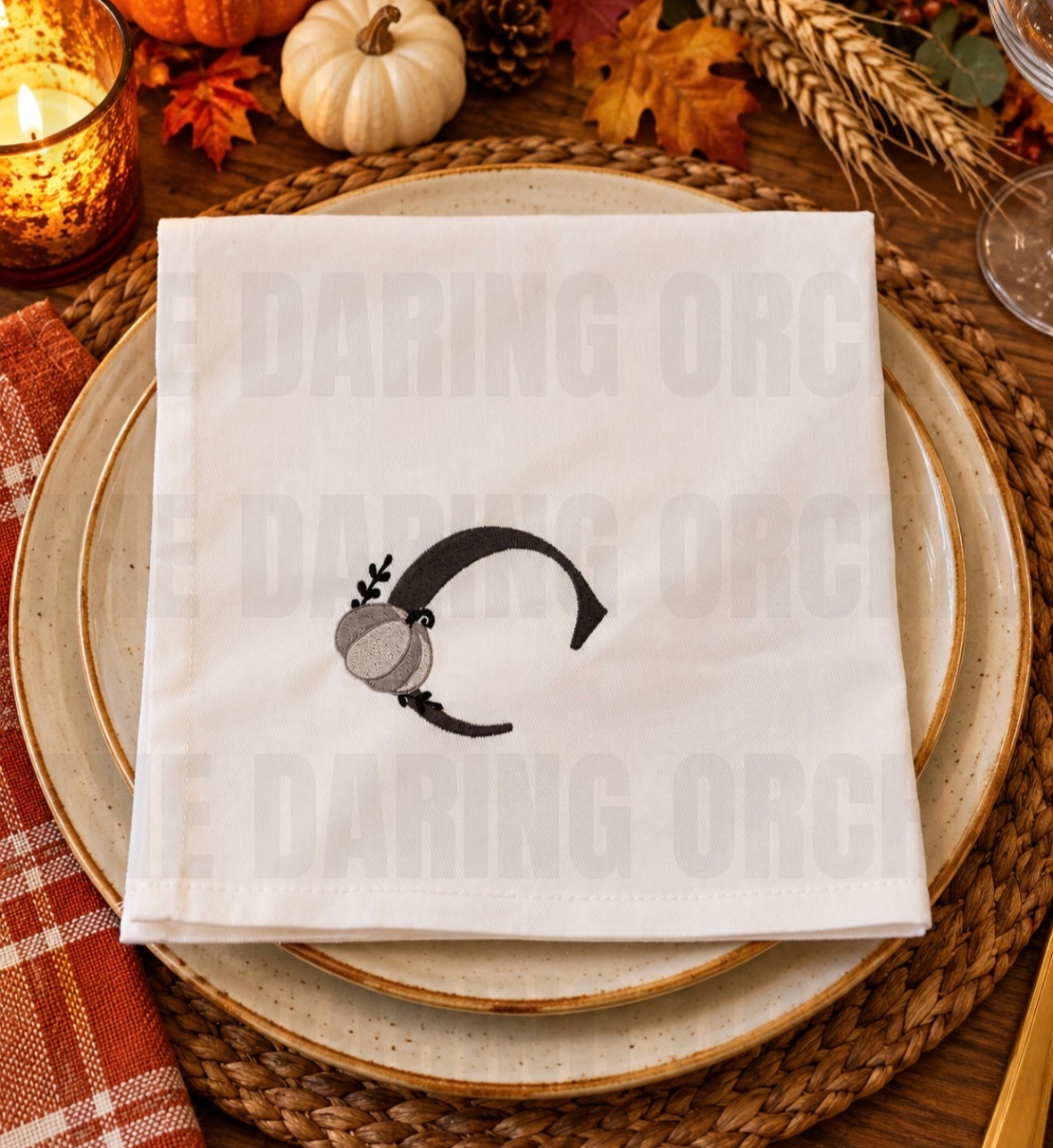 Embroidered Dinner Napkin, Custom Monogram with Pumpkin, Cotton Blend 18x18