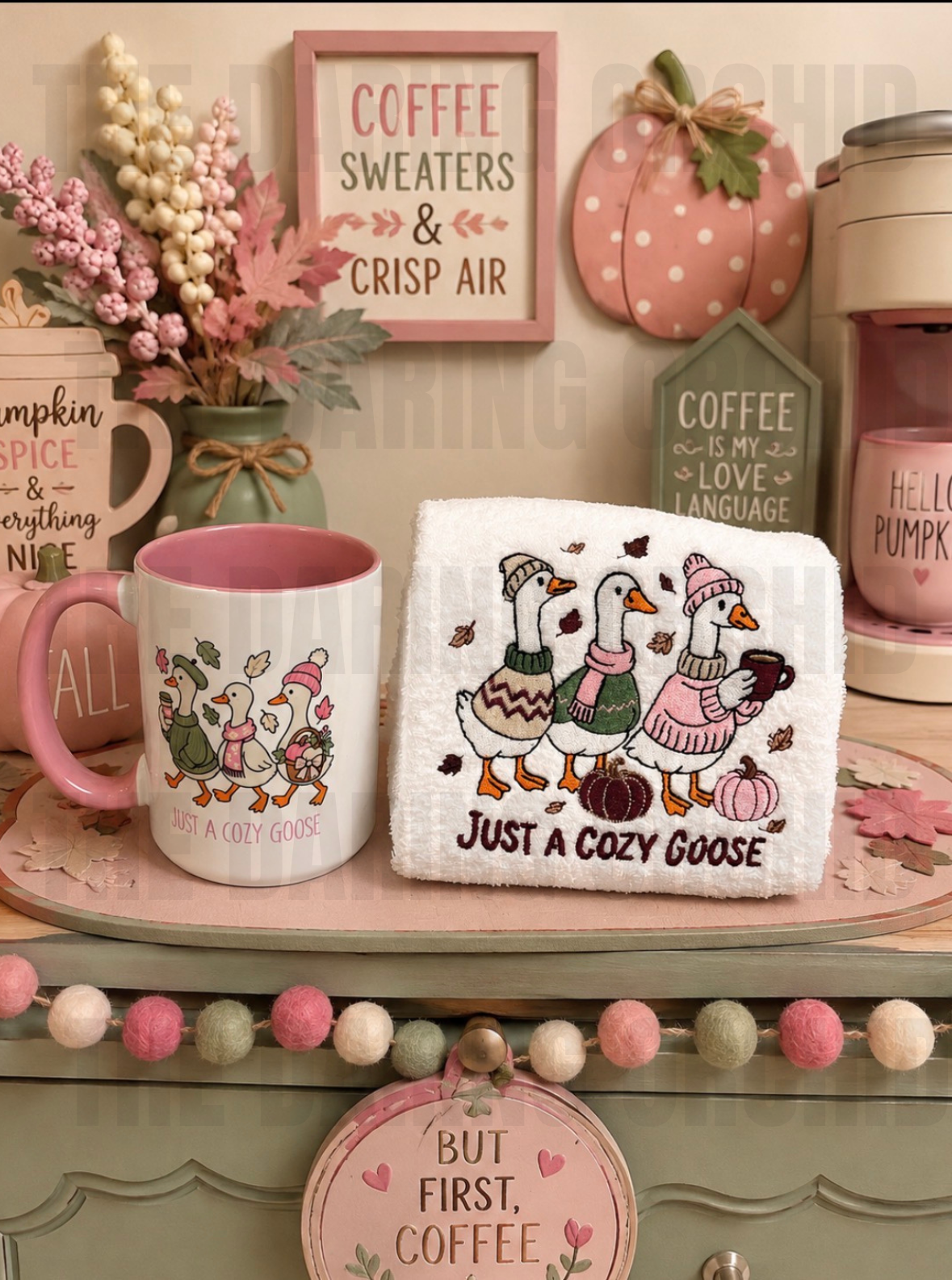 Just a Cozy Goose Fall Mug & Embroidered Hand Towel Set | Pink Sage Cream Autumn Kitchen Decor | Gift Set