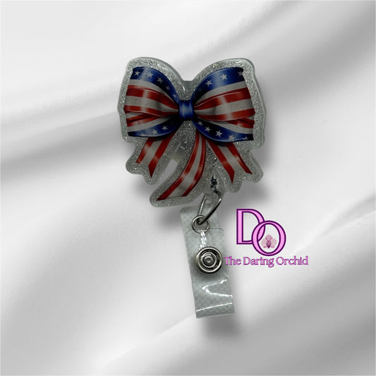 Patriotic ribbon badge reel, summer time badge reel, nurse, LPN red white and blue bow badge reel