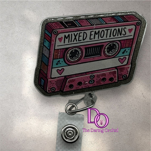 Retro cassette, mixed tape, mixed emotions tape, badge reel nurse, LPN