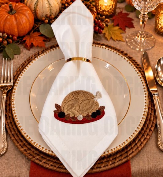 Thanksgiving Napkin: Embroidered Turkey Design, 18-Inch White Cotton