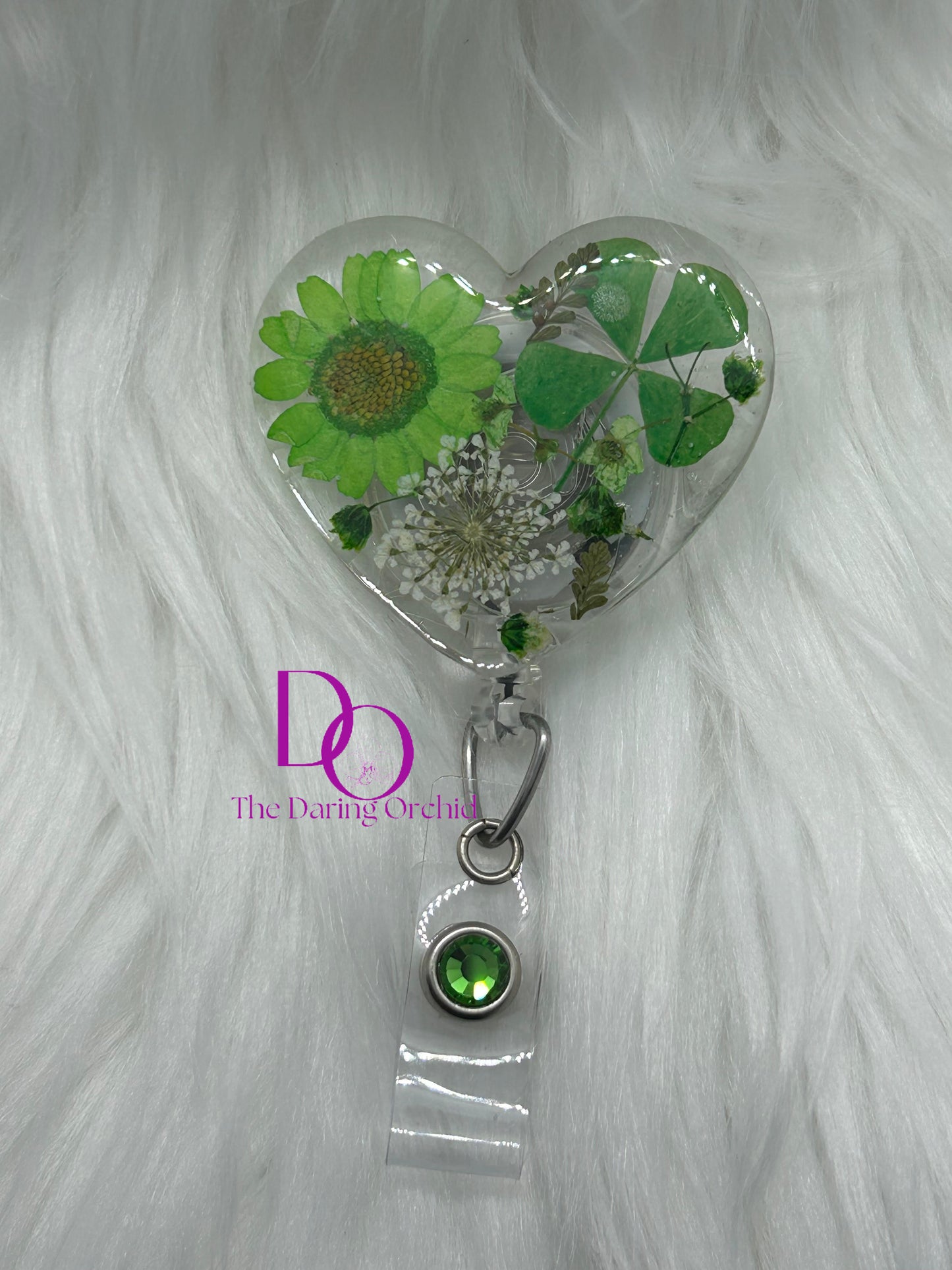 Dried Flowers Badge Reel, Heart Shape, green flowers, ID Holder, Heart Badge