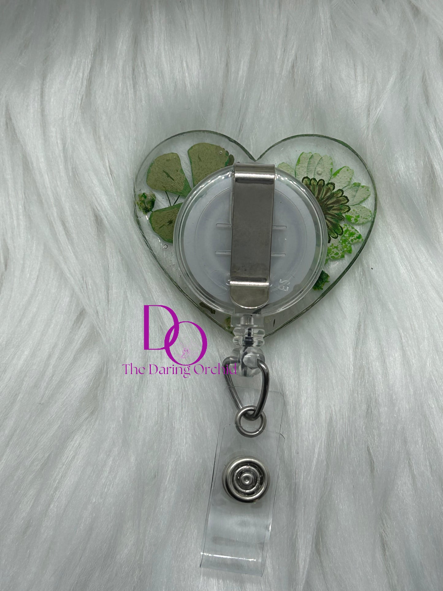 Dried Flowers Badge Reel, Heart Shape, green flowers, ID Holder, Heart Badge