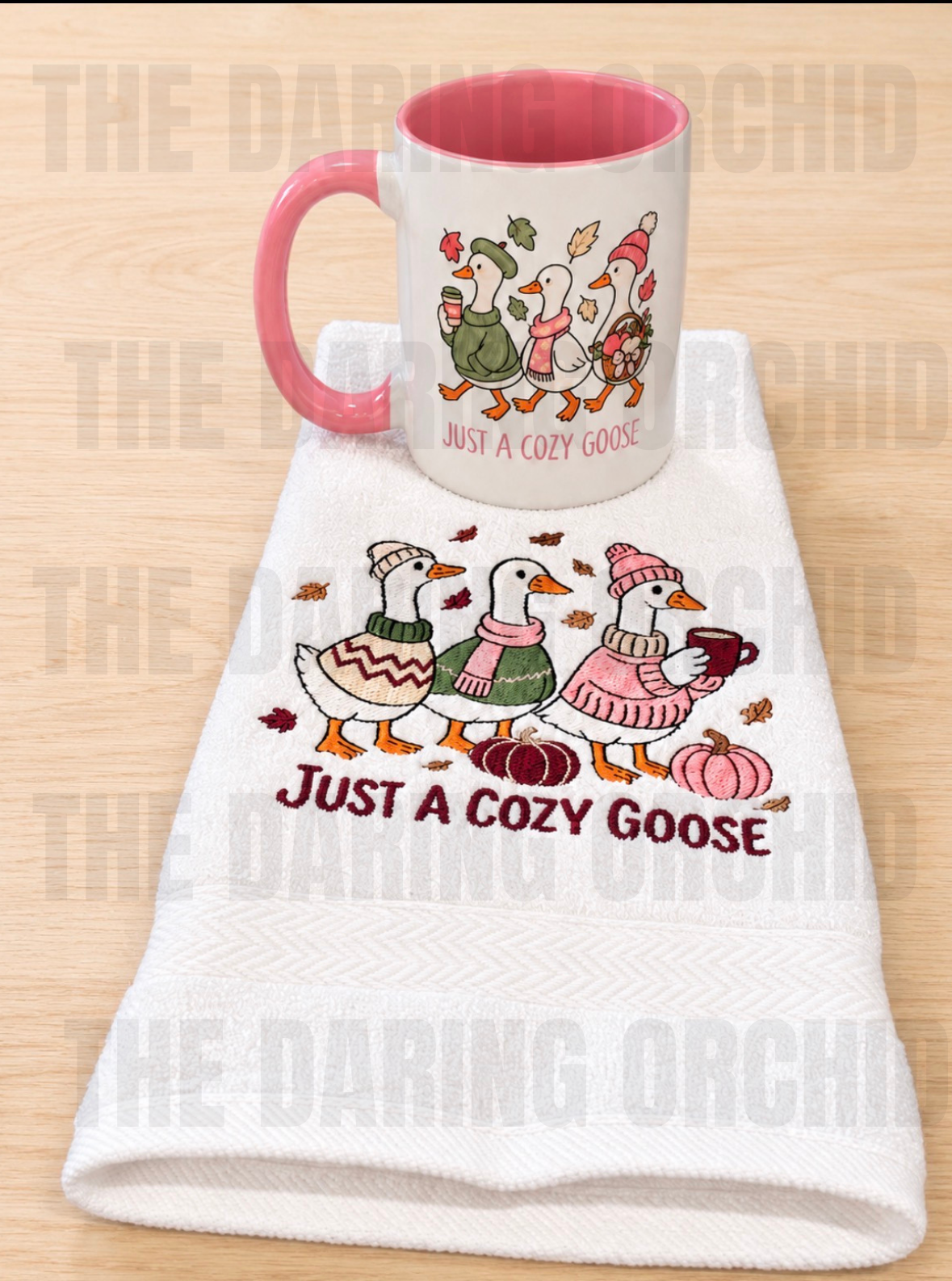 Just a Cozy Goose Fall Mug & Embroidered Hand Towel Set | Pink Sage Cream Autumn Kitchen Decor | Gift Set