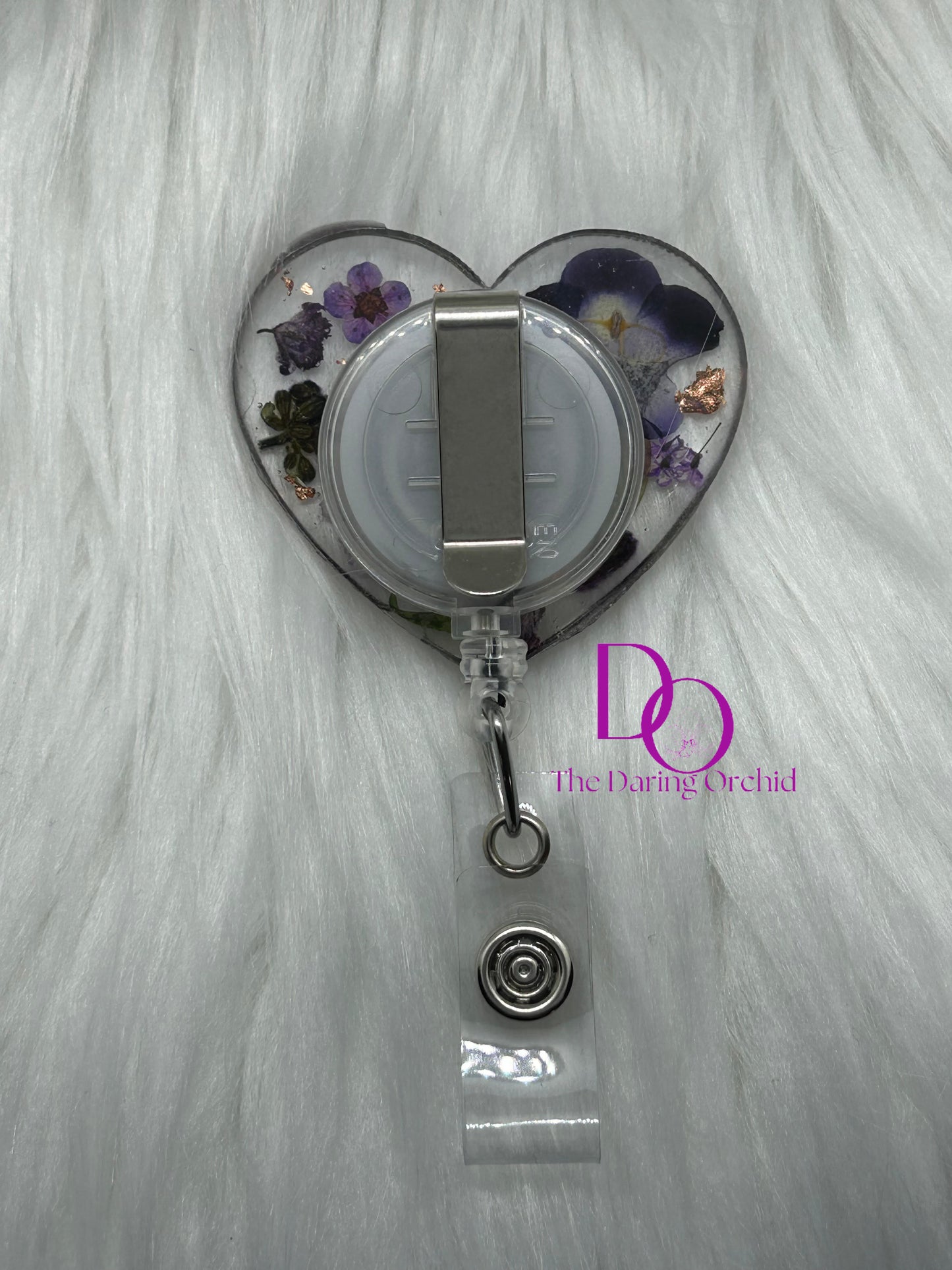 Dried Flowers Badge Reel, Heart Shape, purple flowers, ID Holder, Heart Badge