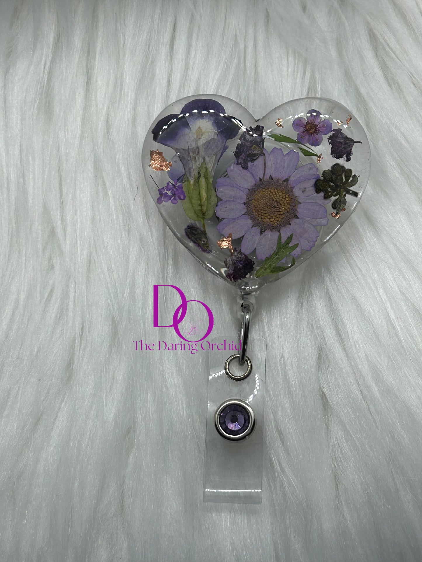 Dried Flowers Badge Reel, Heart Shape, purple flowers, ID Holder, Heart Badge