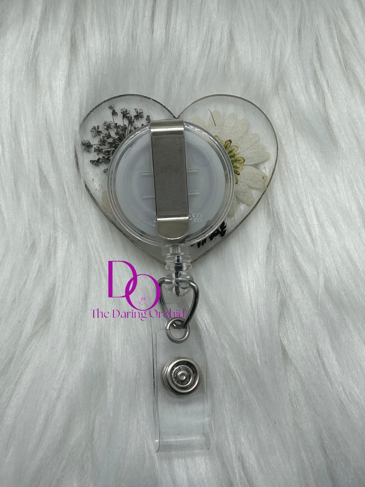 Dried Flowers Badge Reel, Heart Shape, black and white flowers, ID Holder, Heart Badge