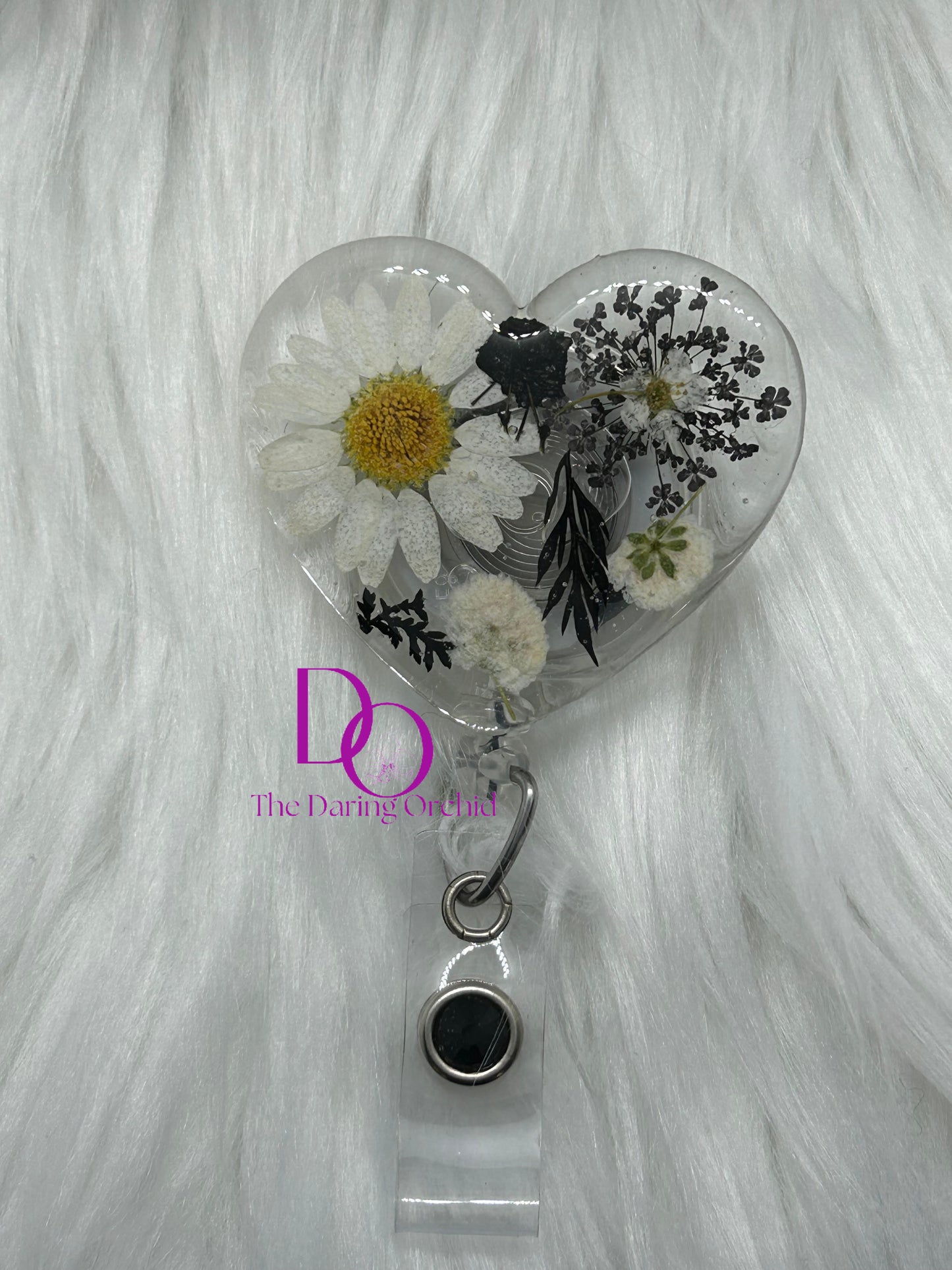 Dried Flowers Badge Reel, Heart Shape, black and white flowers, ID Holder, Heart Badge