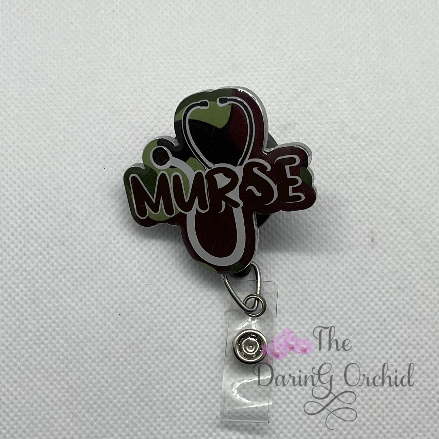 Murse badge reel, ID Holder, camo background