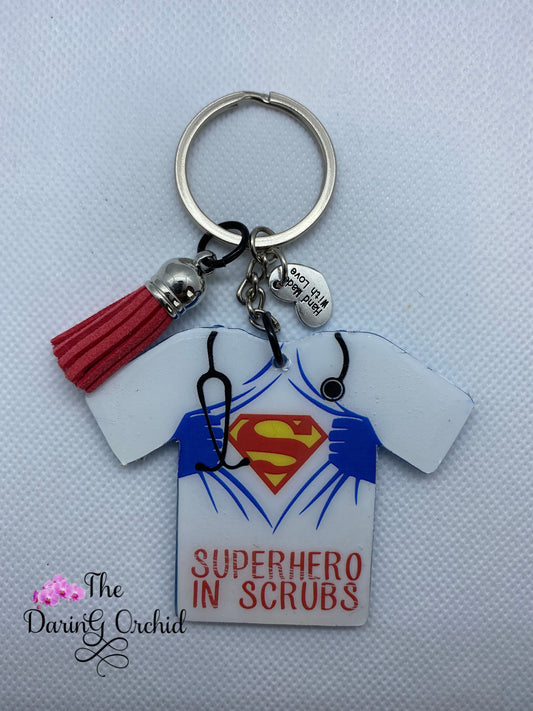 Superhero in scrubs shirt keychain Red and blue